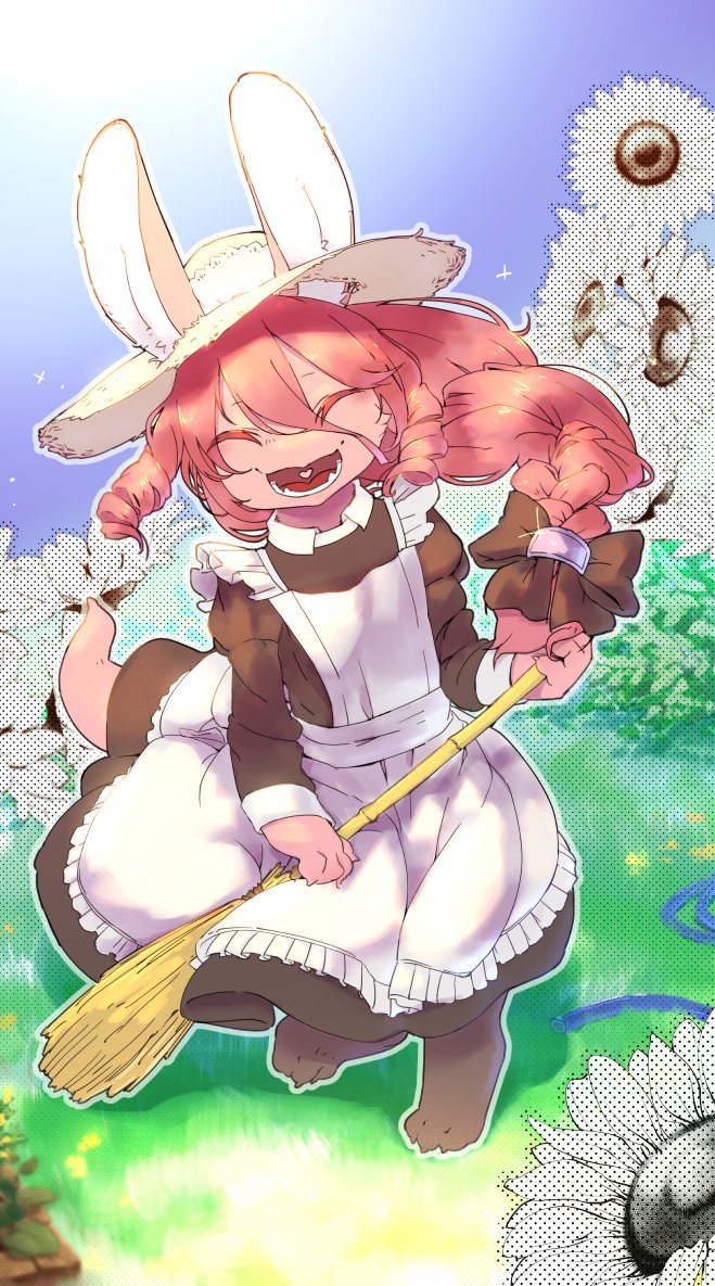 artist_request eyes_closed furry long_hair maid open_mouth pink_hair rabbit smile