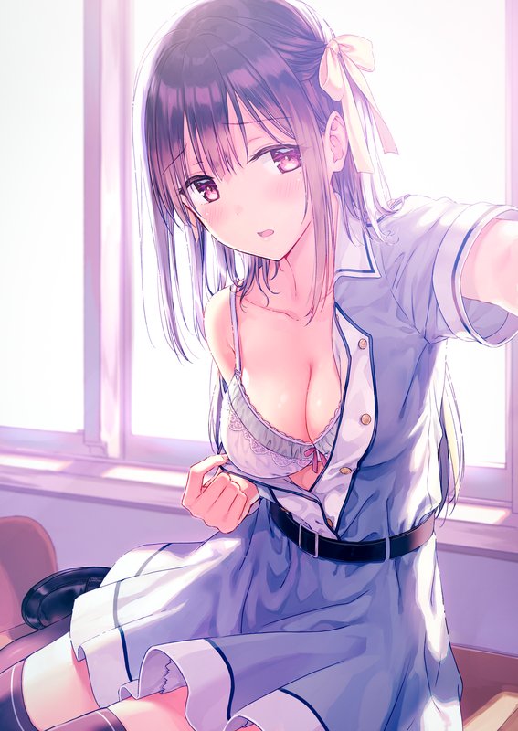 bangs belt black_legwear blush bow bow_bra bra breasts buttons cleavage collar collarbone collared_dress commentary cover cover_page doujin_cover dress eyebrows_visible_through_hair hair_bow hair_ornament hiten_(hitenkei) long_hair looking_at_viewer matsumoto_erina medium_breasts original purple_eyes reaching_out self_shot shoes short_sleeves sitting solo sunlight thighhighs unbuttoned underwear undressing white_bra window windowsill zettai_ryouiki