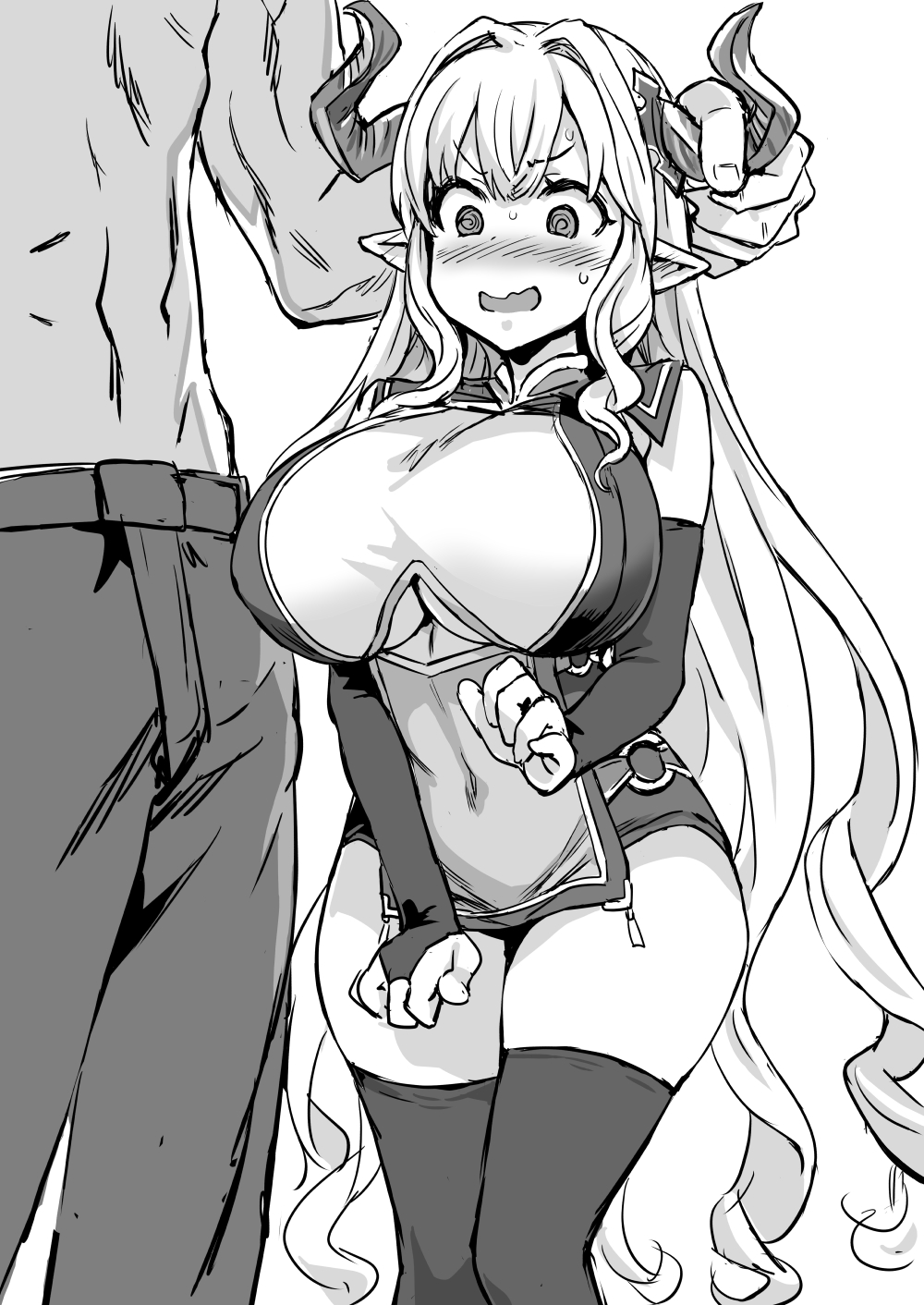 1girl @_@ asanagi bangs blush breasts commentary cosplay draph embarrassed granblue_fantasy greyscale hetero highres horn_grab horns large_breasts long_hair looking_down miimu miimu_(cosplay) monochrome pointy_ears rastina shirtless simple_background size_difference sweatdrop underboob very_long_hair wavy_mouth white_background