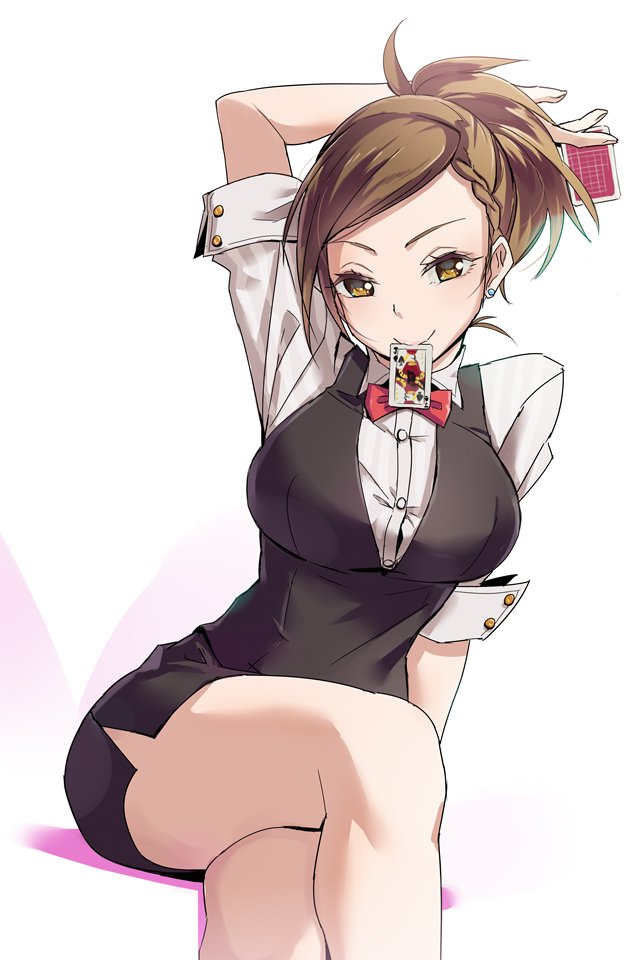 arm_support arm_up bangs between_fingers black_skirt black_vest bow bowtie braid breasts brown_eyes brown_hair buttons card card_in_mouth closed_mouth collared_shirt crossed_legs dress_shirt earrings french_braid holding holding_card hyoudou_rena idolmaster idolmaster_cinderella_girls jewelry kawaty large_breasts looking_at_viewer mouth_hold pencil_skirt playing_card ponytail red_bow red_neckwear shirt short_hair short_sleeves simple_background single_earring sitting skirt smile solo swept_bangs thighs tied_hair vest white_background