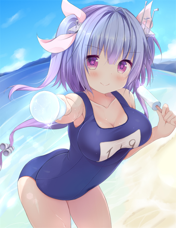 &gt;:) beach blue_hair breasts collarbone day food holding holding_food i-19_(kantai_collection) jan_(janpx2012) kantai_collection large_breasts long_hair name_tag ocean popsicle red_eyes school_swimsuit smile solo swimsuit tri_tails v-shaped_eyebrows