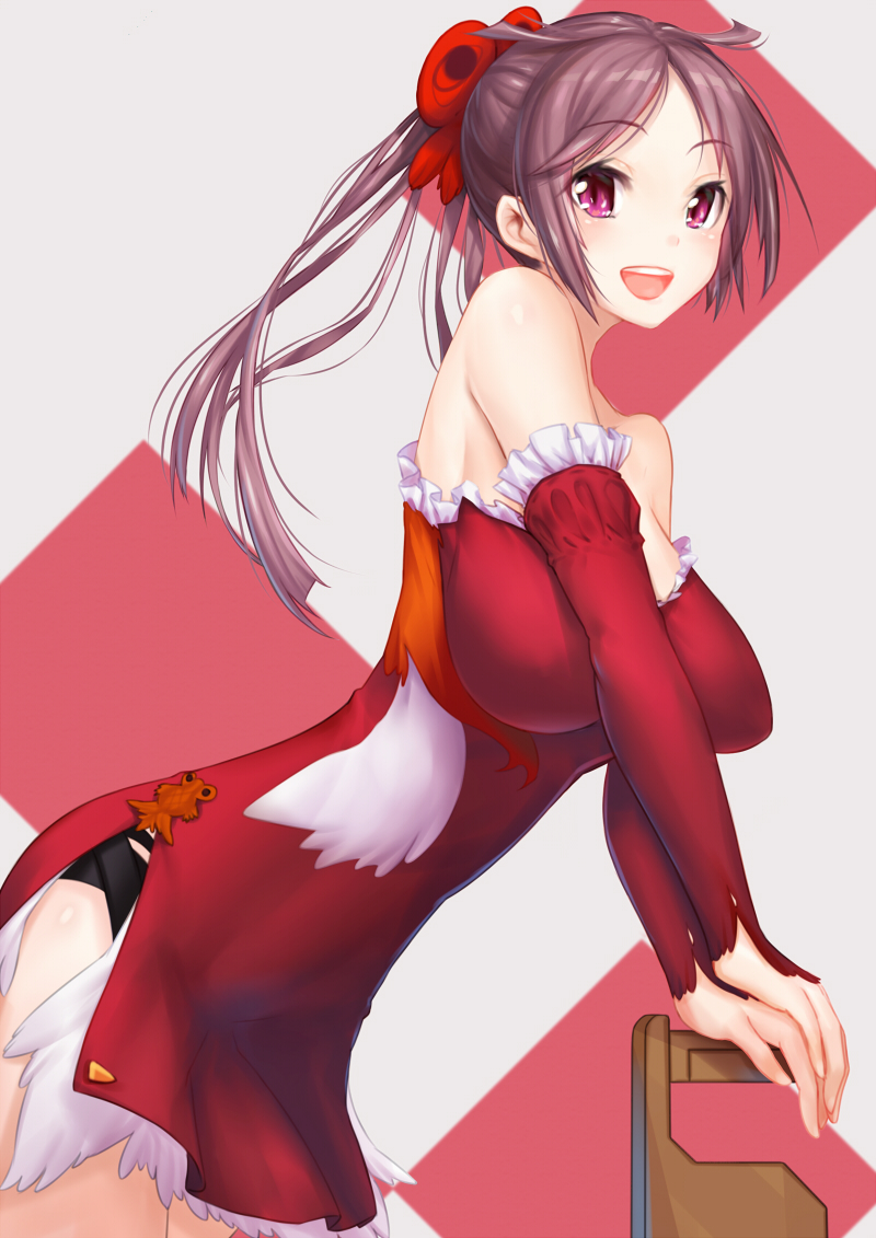 bare_shoulders blush bow breasts brown_hair cleavage eyebrows_visible_through_hair hair_bow happy_new_year large_breasts long_hair looking_at_viewer new_year open_mouth original pink_eyes ponytail red_bow santa_costume smile solo teeth yilan