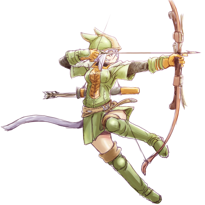 aiming animal_ears archery arrow bad_id bad_pixiv_id blue_hair boots bow_(weapon) cat_ears cloak commentary_request drawing_bow final_fantasy final_fantasy_xiv from_side full_body gloves green_footwear green_skirt holding holding_arrow holding_bow_(weapon) holding_weapon jumping knee_boots looking_afar looking_to_the_side miqo'te nukomasu outstretched_arm quiver short_hair simple_background skirt solo weapon white_background