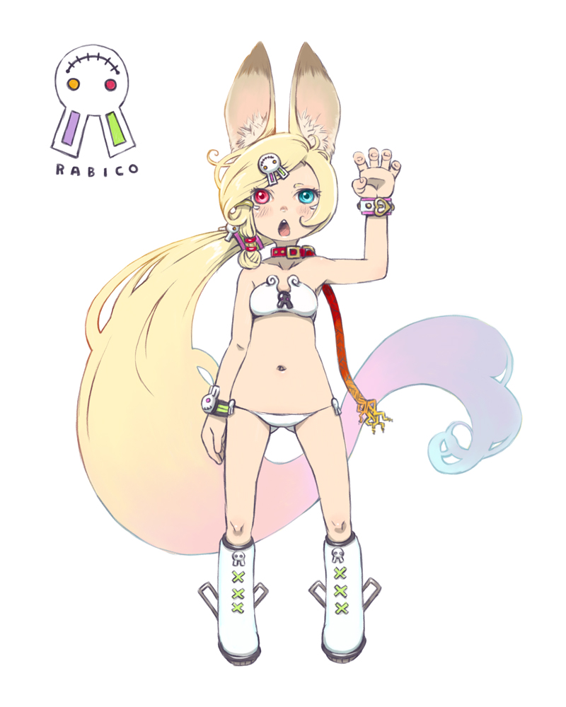 absurdly_long_hair animal_ears ass_visible_through_thighs bad_id bad_pixiv_id bikini blonde_hair blue_eyes blue_hair boots braid bunny_ears collar commentary_request full_body gradient_hair hair_ornament hand_up heterochromia leash long_hair looking_at_viewer multicolored_hair navel nukomasu open_mouth original pink_hair red_eyes simple_background solo standing swimsuit very_long_hair white_background white_bikini