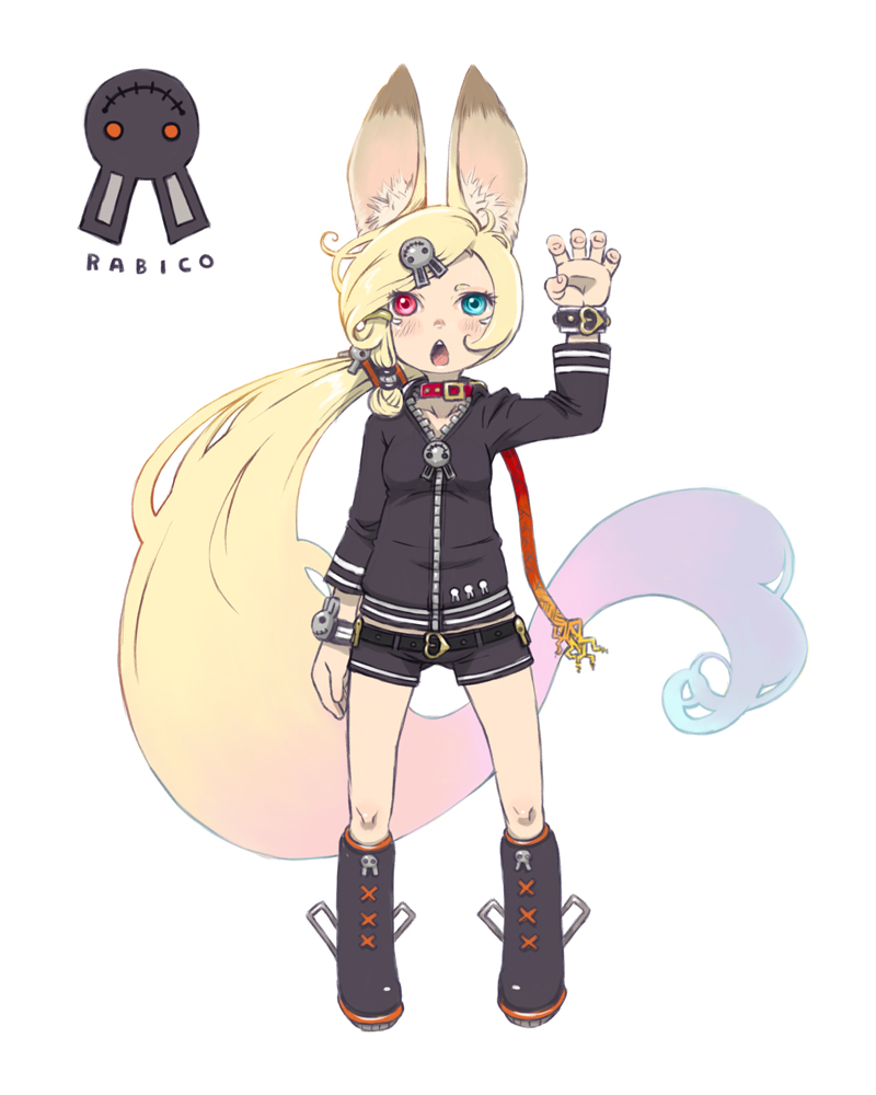 absurdly_long_hair animal_ears ass_visible_through_thighs bad_id bad_pixiv_id blonde_hair blue_eyes blue_hair boots braid bunny_ears collar full_body gradient_hair hair_ornament hand_up heterochromia jacket leash long_hair looking_at_viewer multicolored_hair navel nukomasu open_mouth original pink_hair red_eyes short_shorts shorts simple_background solo standing very_long_hair white_background