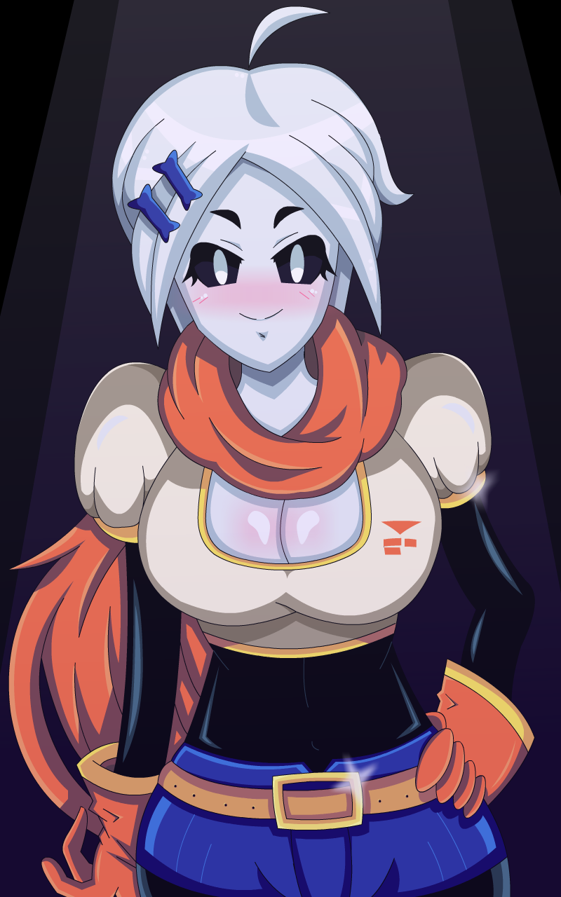 big_breasts breasts cleavage clothed clothing crossgender female game_(disambiguation) hair huge_breasts mairusu-paua papyrus_(undertale) scarf solo undertale video_games white_hair