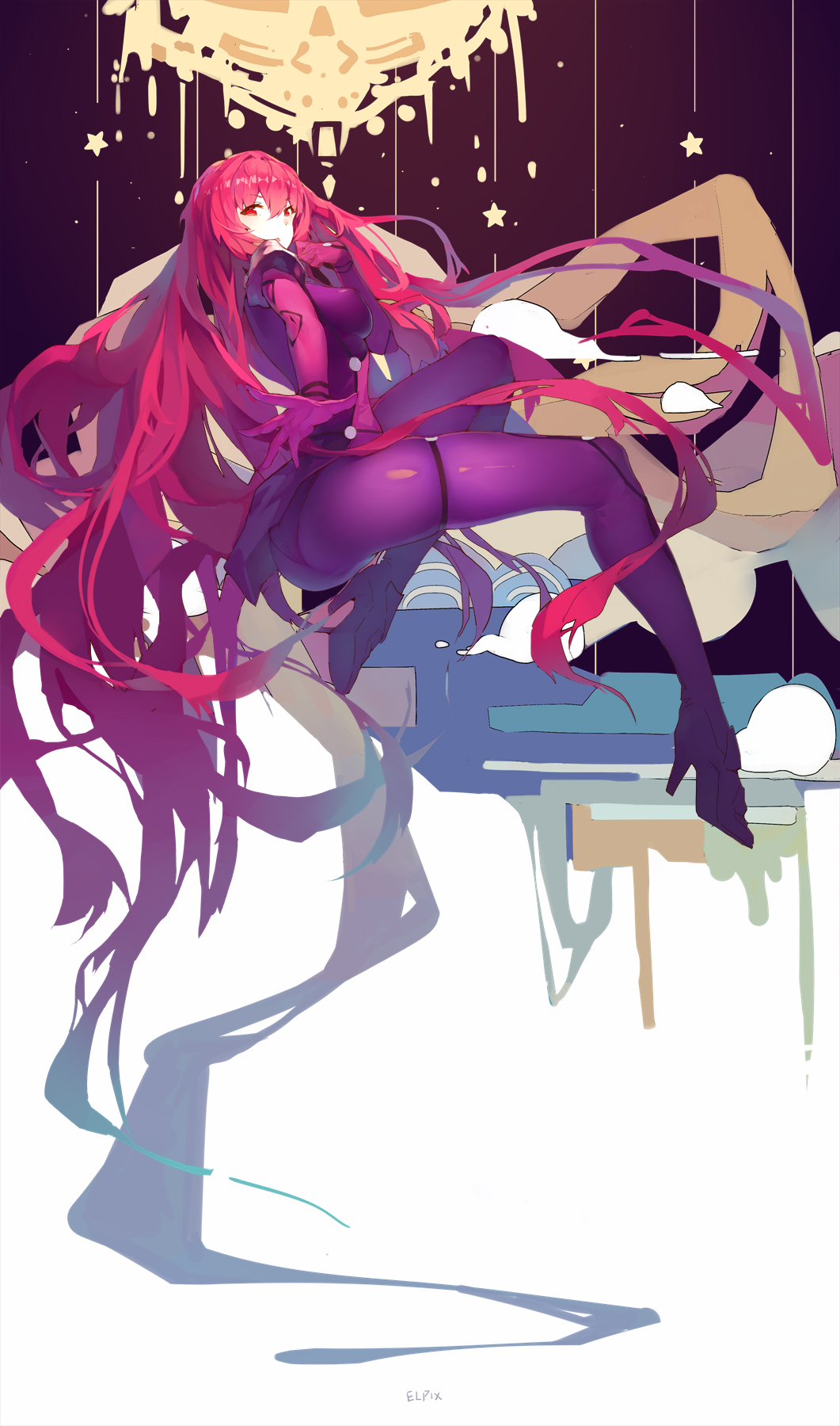 blush breasts brown_hair eyebrows_visible_through_hair fate/grand_order fate_(series) high_heels highres large_breasts long_hair looking_at_viewer parted_lips red_eyes scathach_(fate)_(all) scathach_(fate/grand_order) solo very_long_hair yong_mei-uta