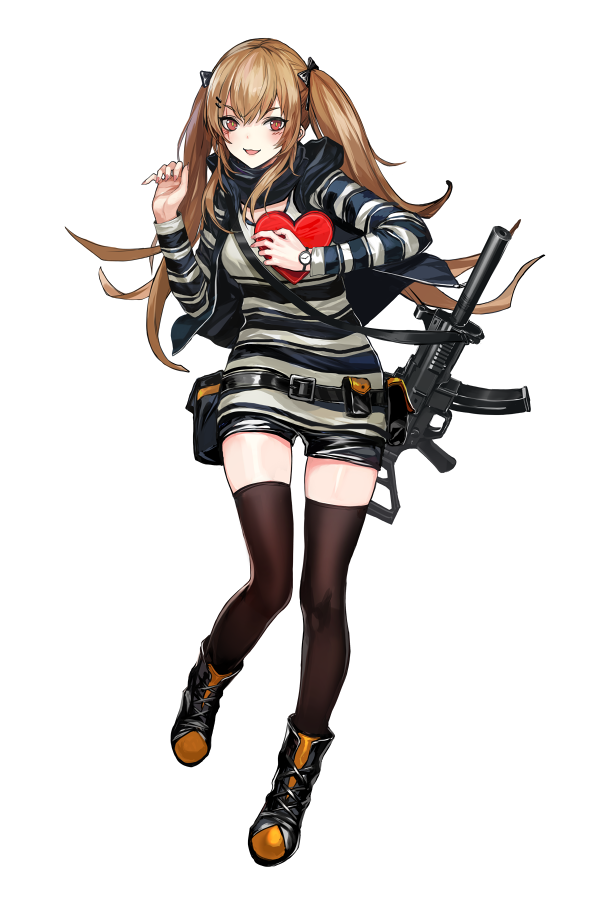 :3 :d bangs black_footwear black_legwear black_scarf black_shorts blush boots box brown_hair commentary eyebrows_visible_through_hair full_body gift girls_frontline gun h&amp;k_ump hair_ornament hairclip hands_up heart-shaped_box heckler_&amp;_koch holding holding_gift long_hair looking_at_viewer official_art open_mouth red_eyes scarf short_shorts shorts sidelocks simple_background sling smile solo standing striped striped_sweater submachine_gun sweater thighhighs thighs twintails ump9_(girls_frontline) valentine very_long_hair weapon white_background zagala