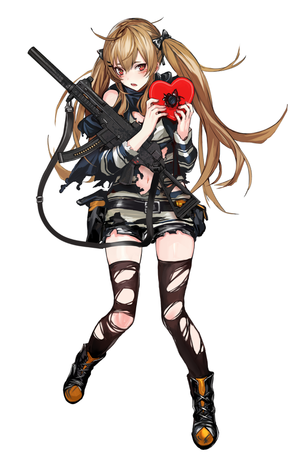 ahoge bangs black_footwear black_legwear black_shorts boots box brown_hair commentary eyebrows_visible_through_hair full_body gift girls_frontline gun h&amp;k_ump hands_up heart-shaped_box heckler_&amp;_koch holding holding_gift long_hair looking_at_viewer official_art open_mouth red_eyes short_shorts shorts sidelocks simple_background solo standing striped striped_sweater submachine_gun sweater teeth thighhighs torn_clothes torn_legwear torn_shorts twintails ump9_(girls_frontline) valentine weapon white_background zagala