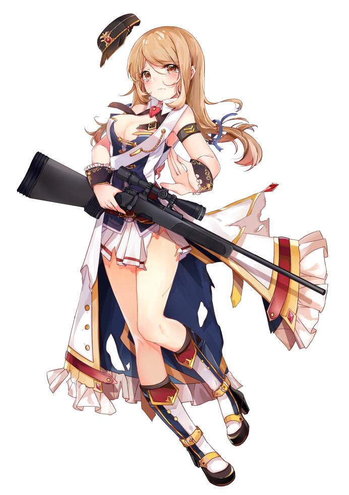 black_footwear black_hat blush breasts brown_eyes brown_hair cleavage closed_mouth eyebrows_visible_through_hair full_body girls_frontline gun hat hat_removed headwear_removed high_heels holding holding_gun holding_weapon kneehighs long_hair looking_at_viewer medium_breasts military_hat natie_(latte) official_art platform_footwear pleated_skirt rifle scope shoes simple_background skirt sniper_rifle solo ssg_69_(girls_frontline) torn_clothes torn_skirt weapon white_background white_legwear white_skirt