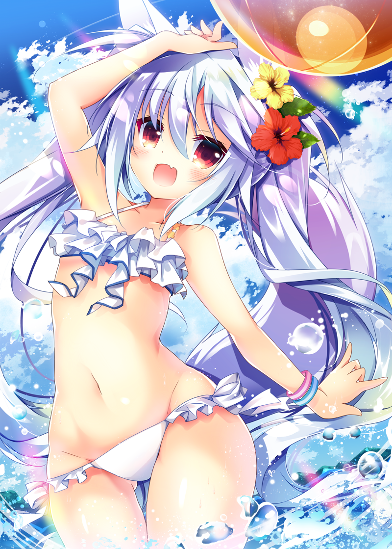 :d animal_ears ball beachball bikini blue_sky bracelet cloud day flower frilled_bikini frills hair_flower hair_ornament hakoniwa_oukoku_no_souzoushu-sama jewelry long_hair nanamomo_rio navel open_mouth red_eyes sky smile solo swimsuit twintails very_long_hair water white_bikini white_hair