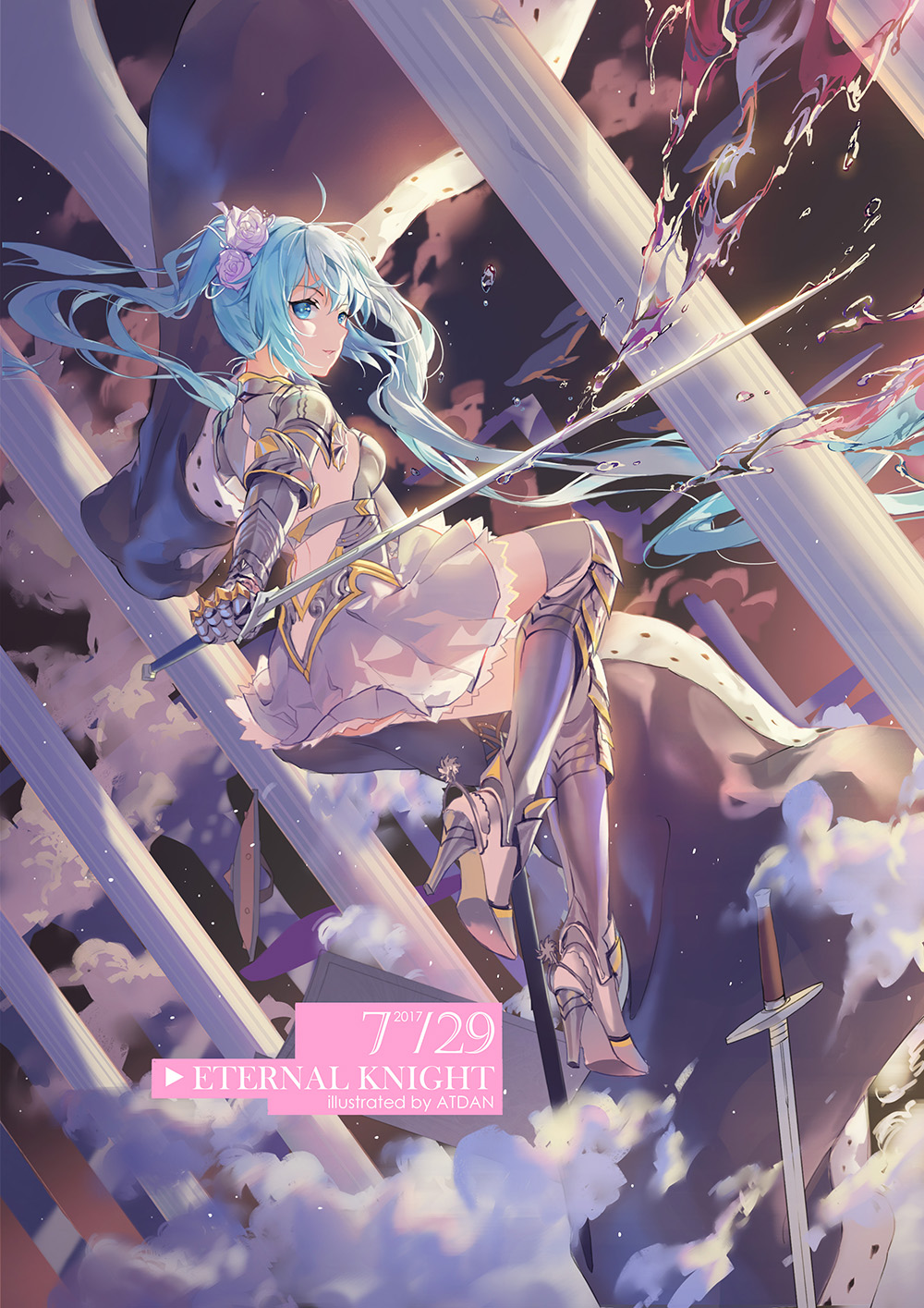 2017 artist_name atdan blue_eyes blue_hair dated dutch_angle flower full_body gauntlets greaves hair_flower hair_ornament hatsune_miku high_heels highres long_hair looking_back pillar solo spurs sword twintails very_long_hair vocaloid weapon