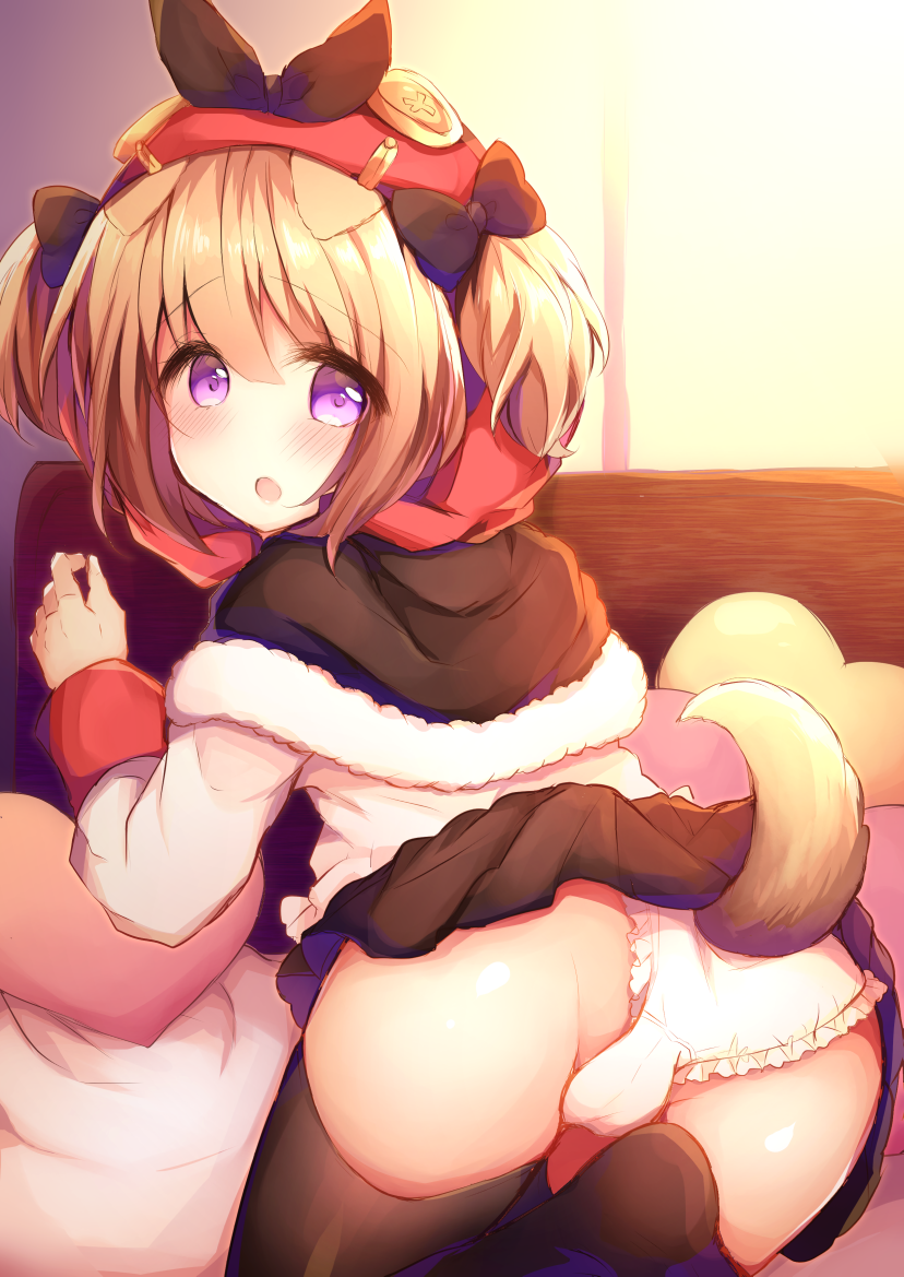 1girl animal_ears ass azur_lane bangs bed_sheet black_capelet black_skirt blush bow brown_bow brown_legwear capelet commentary_request dog_ears dog_girl dog_tail eyebrows_visible_through_hair fur-trimmed_capelet fur_trim hair_between_eyes hair_bow haru_ichigo heart heart_pillow hood hood_up light_brown_hair long_sleeves looking_at_viewer looking_back norfolk_(azur_lane) panties pillow pleated_skirt shirt skirt solo tail thighhighs twintails underwear white_panties white_shirt