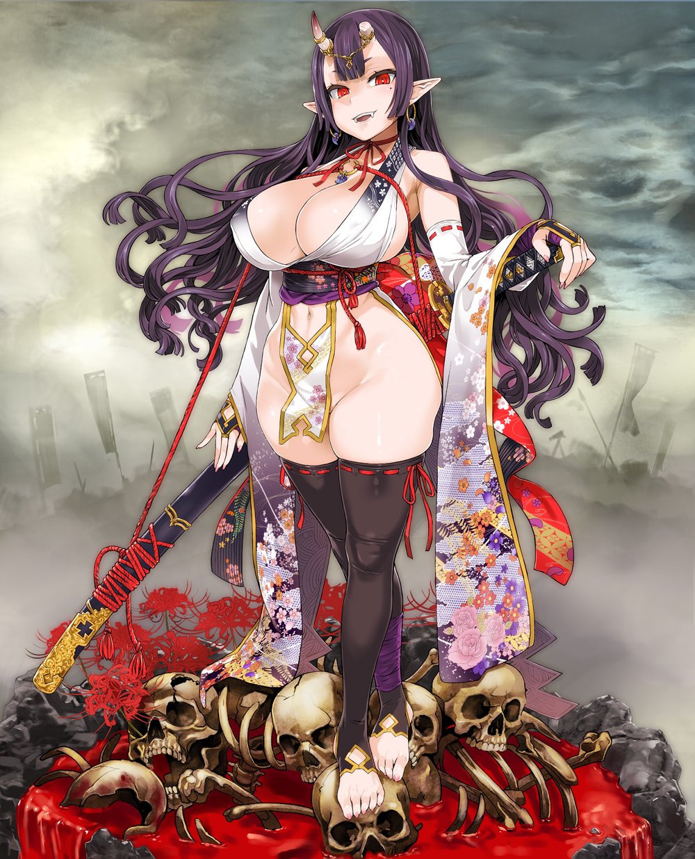 asanagi balancing barefoot black_legwear blood breasts bridal_gauntlets bright_pupils choker cleavage commentary_request covered_nipples crossed_legs detached_sleeves earrings fangs fingerless_gloves fingernails floral_print flower full_body gloves highres hinomoto_oniko hoop_earrings horn_ornament horns huge_breasts japanese_clothes jewelry katana kimono long_fingernails long_hair magatama mole mole_under_eye navel navel_cutout no_panties o-ring o-ring_top obi open_mouth original outdoors pelvic_curtain pointy_ears purple_hair red_eyes revealing_clothes ribbon-trimmed_legwear ribbon-trimmed_sleeves ribbon_choker ribbon_trim sash side_slit sidelocks skindentation skull sleeveless sleeveless_kimono slit_pupils smile solo standing sword thighhighs thighs toeless_legwear very_long_hair weapon wide_hips wide_sleeves