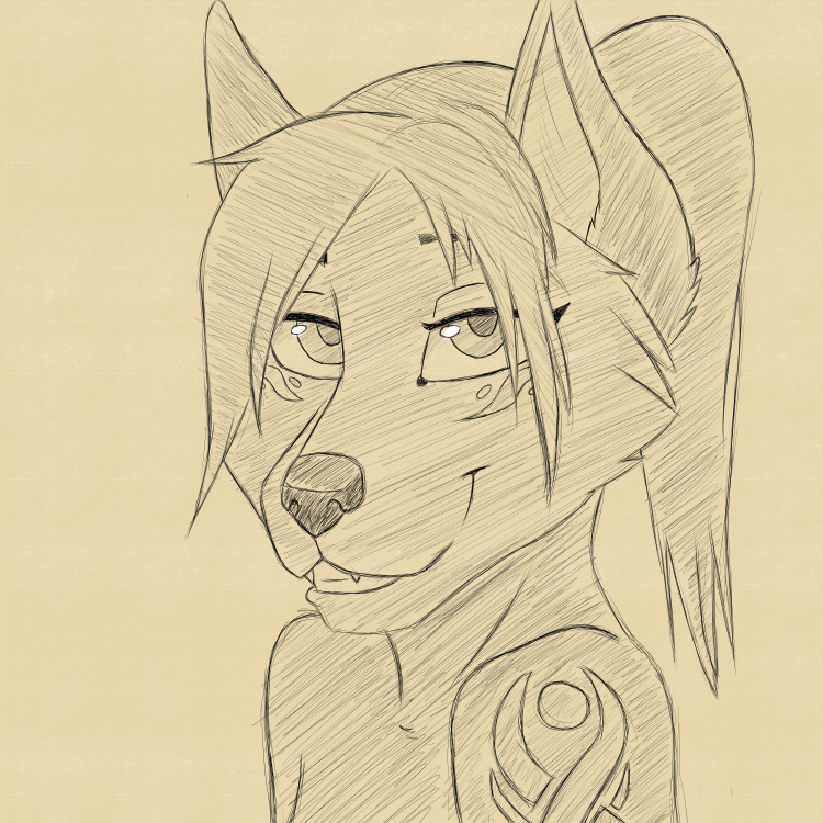 2017 an_ancient anthro bust_portrait canine clothed clothing dog female fur husky looking_at_viewer mammal ponytail portrait sketch smile solo topless