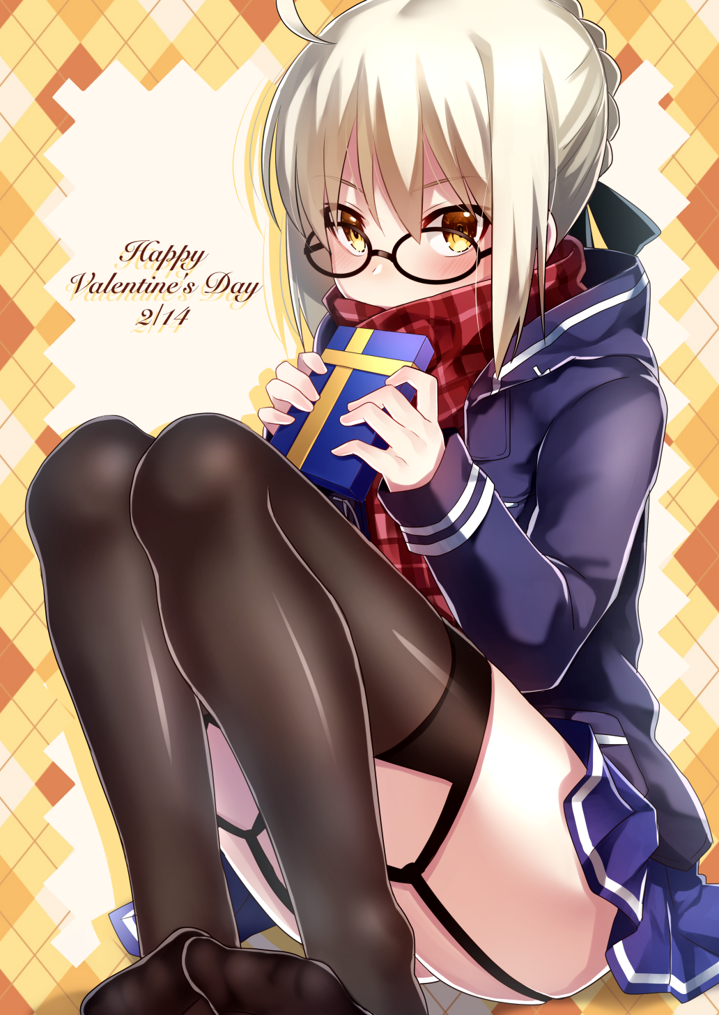 argyle argyle_background artoria_pendragon_(all) bad_id bad_pixiv_id black_legwear blonde_hair blue_skirt blush box dated eyebrows_visible_through_hair fate/grand_order fate_(series) garter_straps gift gift_box glasses happy_valentine highres holding holding_gift ichiren_namiro looking_at_viewer mysterious_heroine_x_(alter) no_shoes plaid plaid_scarf red_scarf scarf scarf_over_mouth short_hair skirt solo thighhighs valentine yellow_eyes