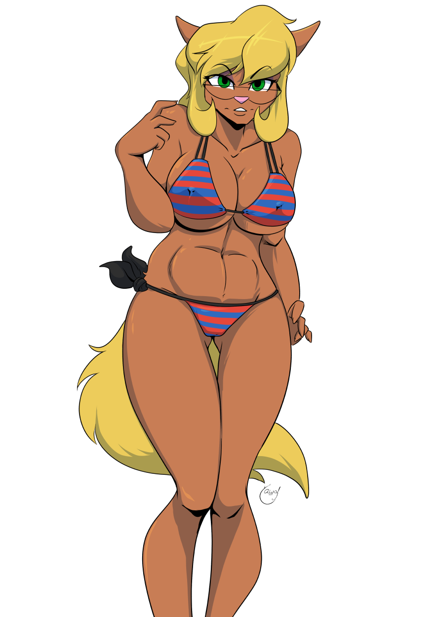 2017 alpha_channel anthro bikini blonde_hair breasts callie_briggs cat cleavage clothed clothing eyewear feline female glasses green_eyes hair mammal navel pink_nose simple_background solo swat_kats swimsuit transparent_background yawg