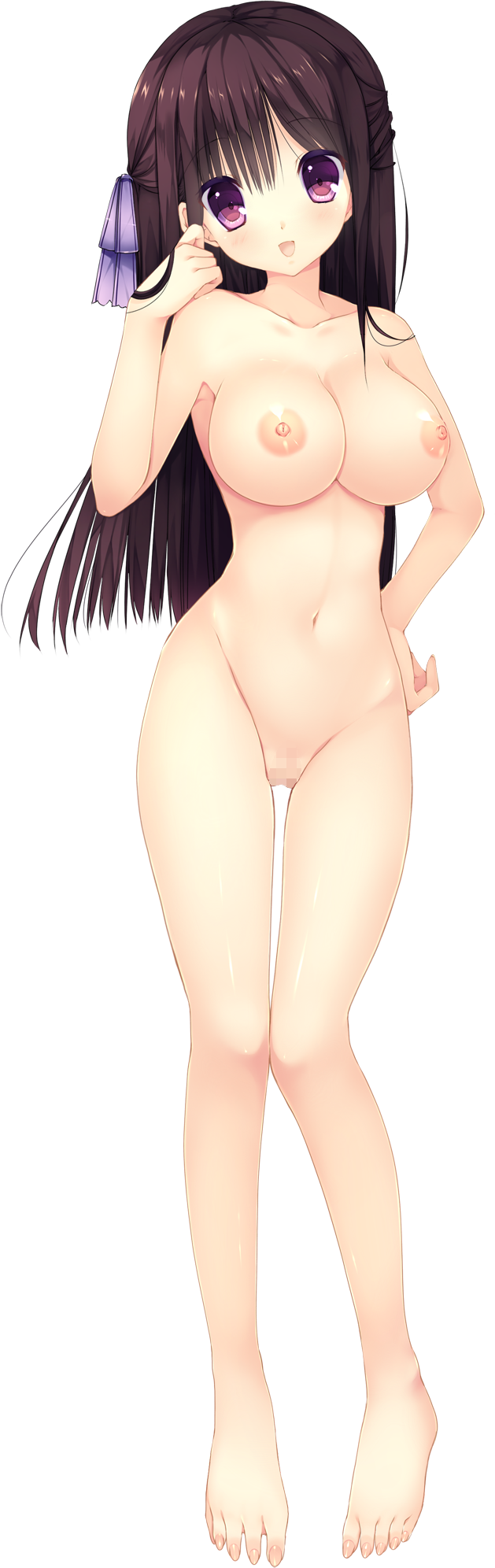 barefoot black_hair breasts censored eyebrows_visible_through_hair full_body hair_ribbon haruoto_alice_gram highres large_breasts long_hair looking_at_viewer mosaic_censoring navel nipples non-web_source nude official_art open_mouth pink_eyes pussy ribbon rindou_yaya solo takanae_kyourin transparent_background