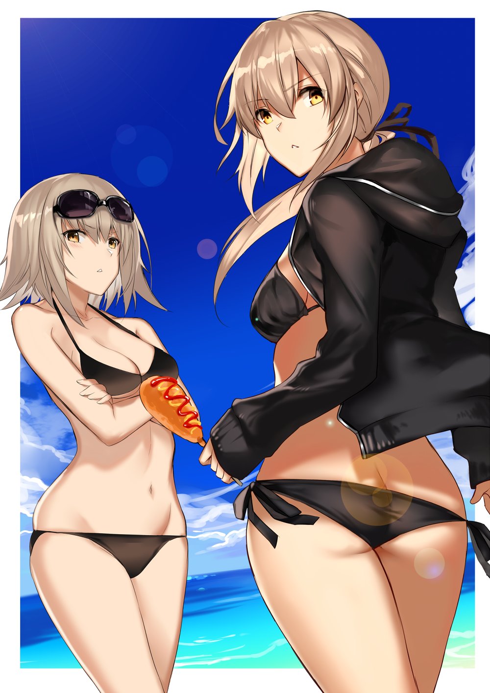artoria_pendragon_(all) ass bikini black_bikini blue_sky breasts cleavage cloud cloudy_sky corndog cowboy_shot crossed_arms day dutch_angle eyebrows_visible_through_hair eyewear_on_head fate/grand_order fate_(series) hair_between_eyes hair_ribbon halterneck highres hood hooded_jacket hoodie horizon jacket jeanne_d'arc_(alter)_(fate) jeanne_d'arc_(fate)_(all) karlwolf lens_flare light_brown_hair long_hair low_ponytail medium_breasts multiple_girls navel ocean open_clothes open_hoodie open_jacket outdoors parted_lips ribbon saber_alter short_hair side-tie_bikini sideboob sky sleeves_past_wrists small_breasts sunglasses swimsuit yellow_eyes