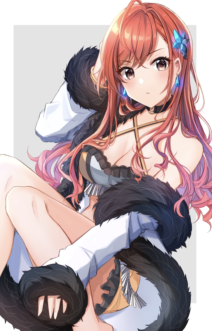 1girl ahoge arisugawa_natsuha bare_shoulders black_choker breasts brown_eyes choker cleavage criss-cross_halter crop_top earrings frilled_skirt frills fur_trim hair_ornament halterneck hand_up highres idolmaster idolmaster_shiny_colors jacket jewelry knees_up long_hair long_sleeves looking_at_viewer medium_breasts midriff miniskirt off_shoulder open_clothes open_jacket parted_lips red_hair satoimo_chika skirt solo thighs v-shaped_eyebrows white_jacket yellow_skirt
