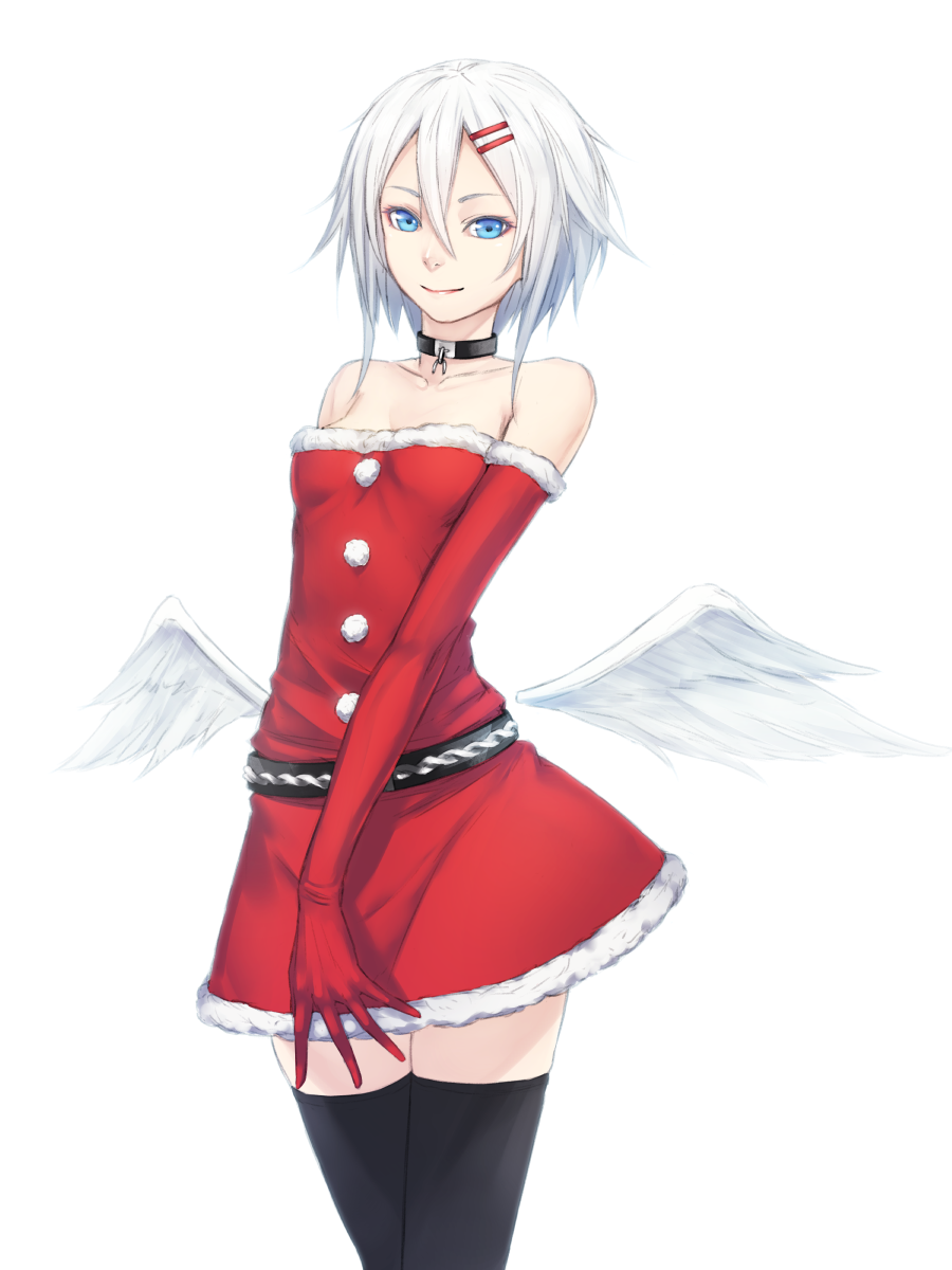 angel_wings black_legwear blue_eyes breasts christmas commentary_request cowboy_shot dress elbow_gloves feathered_wings gloves hair_ornament hairclip highres looking_at_viewer low_wings original red_dress red_gloves red_skirt santa_costume short_hair simple_background skirt small_breasts smile solo standing sugi_214 thighhighs white_background white_feathers white_hair white_wings wings