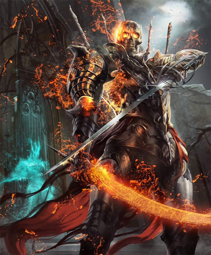 armor artist_request cape castle cygames dual_wielding fire flaming_sword full_armor ghost glowing glowing_eyes holding looking_at_viewer mordecai_the_duelist official_art ruins shadowverse shingeki_no_bahamut skeleton sword torn_cape undead weapon