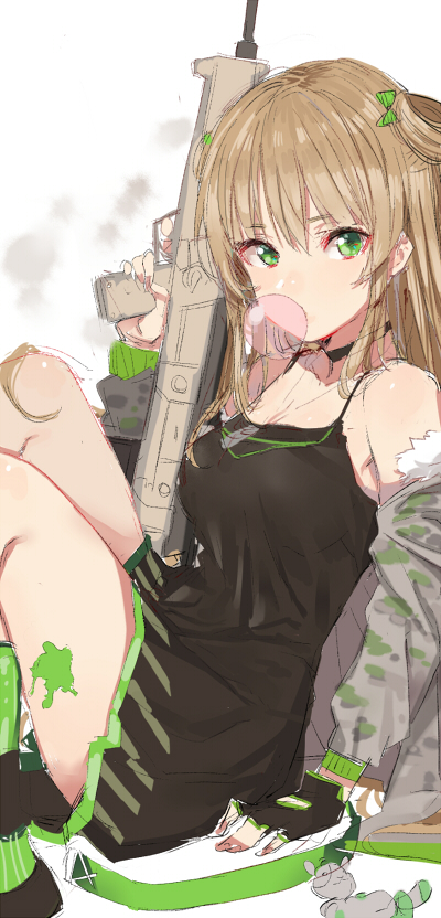 assault_rifle bangs black_dress black_gloves black_legwear bow brown_hair bubble_blowing bullpup camisole chewing_gum dress eyebrows_visible_through_hair finger_on_trigger fingerless_gloves girls_frontline gloves green_bow green_eyes green_legwear gun hair_between_eyes hair_bow holding holding_gun holding_weapon kel-tec_rfb kneehighs long_hair pinch_(nesume) rfb_(girls_frontline) rifle sketch solo striped striped_legwear two_side_up weapon