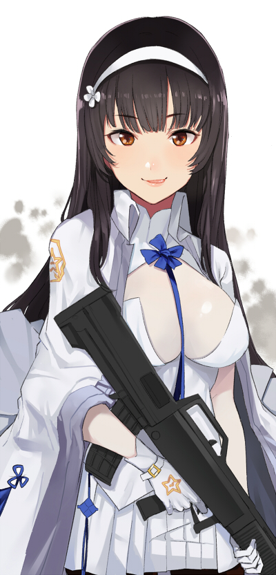 :q assault_rifle bangs black_hair brown_eyes bullpup closed_mouth eyebrows_visible_through_hair finger_on_trigger girls_frontline gloves gun hairband holding holding_gun holding_weapon jacket_on_shoulders licking_lips long_hair looking_at_viewer pinch_(nesume) pleated_skirt qbz-95 qbz-95_(girls_frontline) rifle skirt smile solo tongue tongue_out weapon white_gloves white_skirt