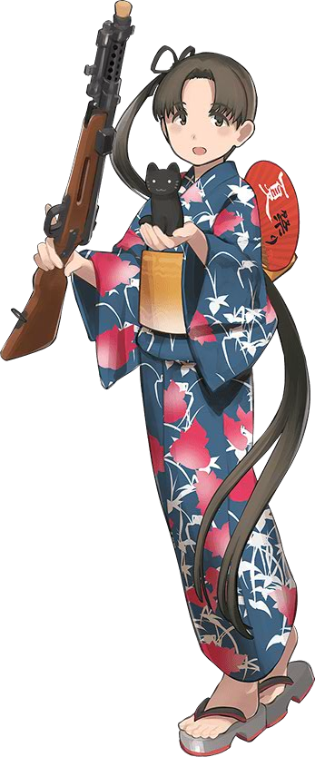 :3 air_gun ayanami_(kantai_collection) brown_hair cat cork_gun fan full_body gun japanese_clothes kantai_collection kimono long_hair machine_gun official_art paper_fan remodel_(kantai_collection) sandals shibafu_(glock23) side_ponytail submachine_gun transparent_background trigger_discipline type_100 uchiwa very_long_hair weapon yukata