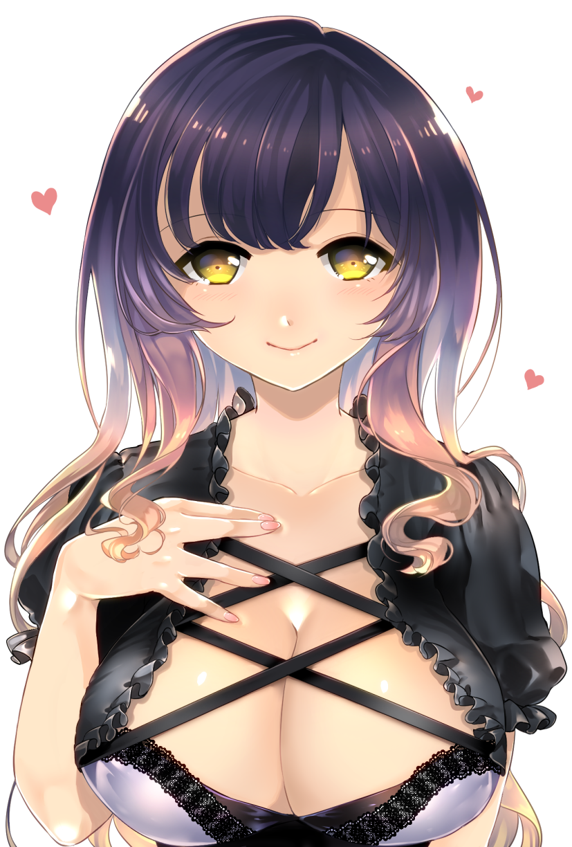 bangs banned_artist blush breasts cleavage closed_mouth collarbone commentary_request eyebrows_visible_through_hair fingernails gradient_hair hand_on_own_chest heart highres hijiri_byakuren large_breasts long_hair looking_at_viewer multicolored_hair poko_(mammypoko) sidelocks simple_background smile solo touhou two-tone_hair upper_body white_background yellow_eyes