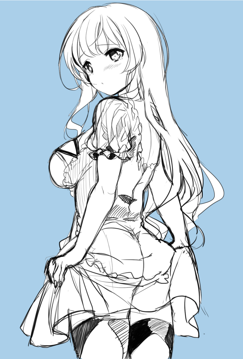 ass bangs banned_artist blue_background blush breasts closed_mouth cowboy_shot eyebrows_visible_through_hair from_behind highres hijiri_byakuren long_hair looking_at_viewer looking_back medium_breasts poko_(mammypoko) short_sleeves sidelocks simple_background sketch skirt_hold solo touhou