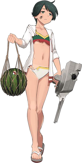 bikini black_hair food fruit full_body kantai_collection midriff mismatched_bikini mogami_(kantai_collection) multicolored_bikini_top navel official_art sandals shibafu_(glock23) short_hair sweater swimsuit tan tanline torn_clothes transparent_background turret watermelon white_bikini_bottom