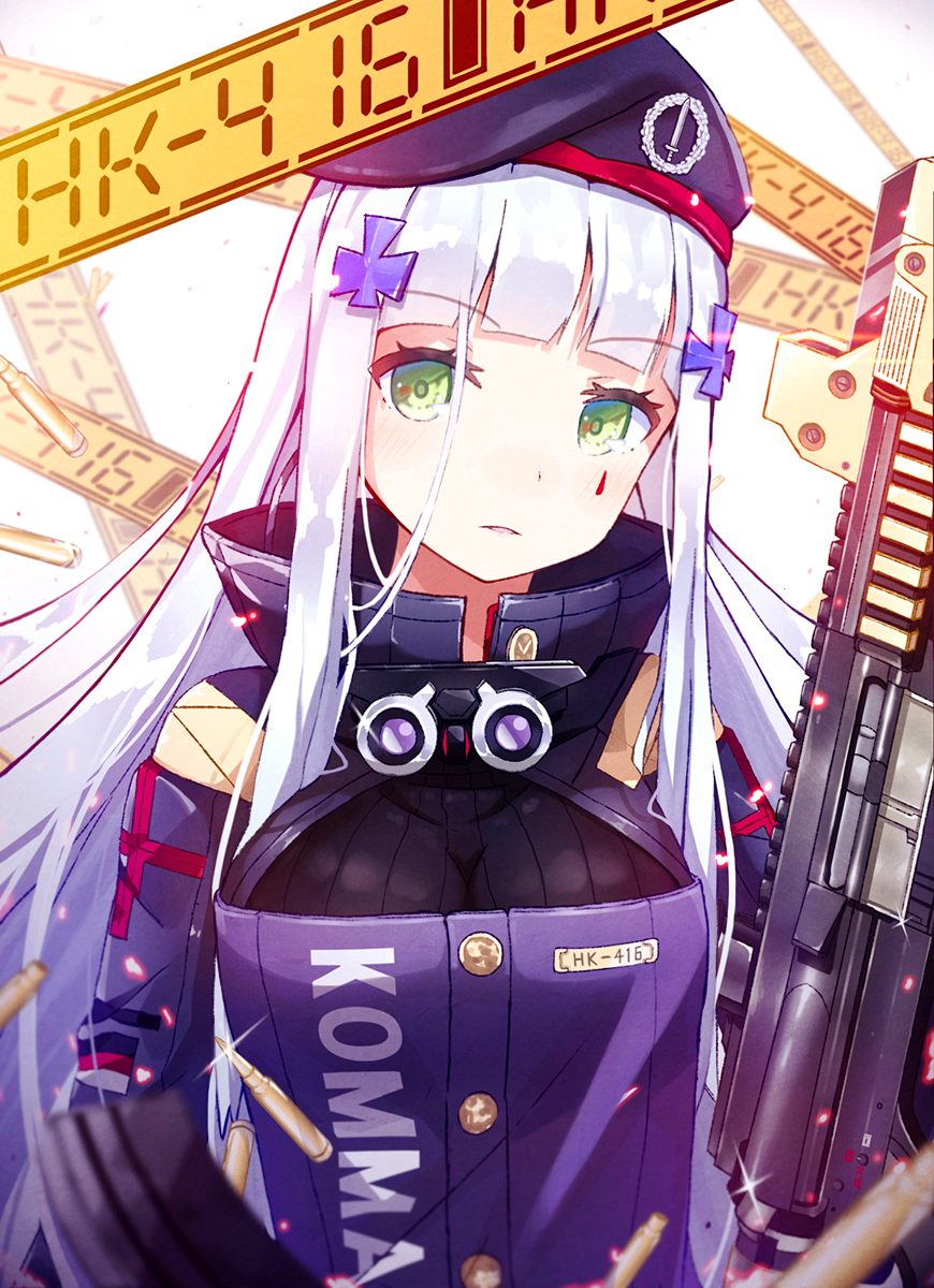 assault_rifle blush breasts eyebrows_visible_through_hair girls_frontline green_eyes gun heckler_&amp;_koch highres hk416 hk416_(girls_frontline) holding holding_gun holding_weapon large_breasts long_hair looking_at_viewer military parted_lips pot-palm rifle solo upper_body weapon white_hair