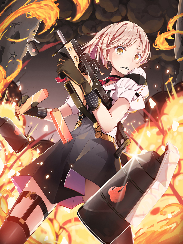 black_gloves black_legwear blush brown_hair explosion eyebrows_visible_through_hair fire girls_frontline gloves gun holding holding_gun holding_weapon kriss_vector looking_at_viewer pot-palm puffy_short_sleeves puffy_sleeves reloading short_hair short_sleeves smoke solo submachine_gun thighhighs vector_(girls_frontline) weapon yellow_eyes