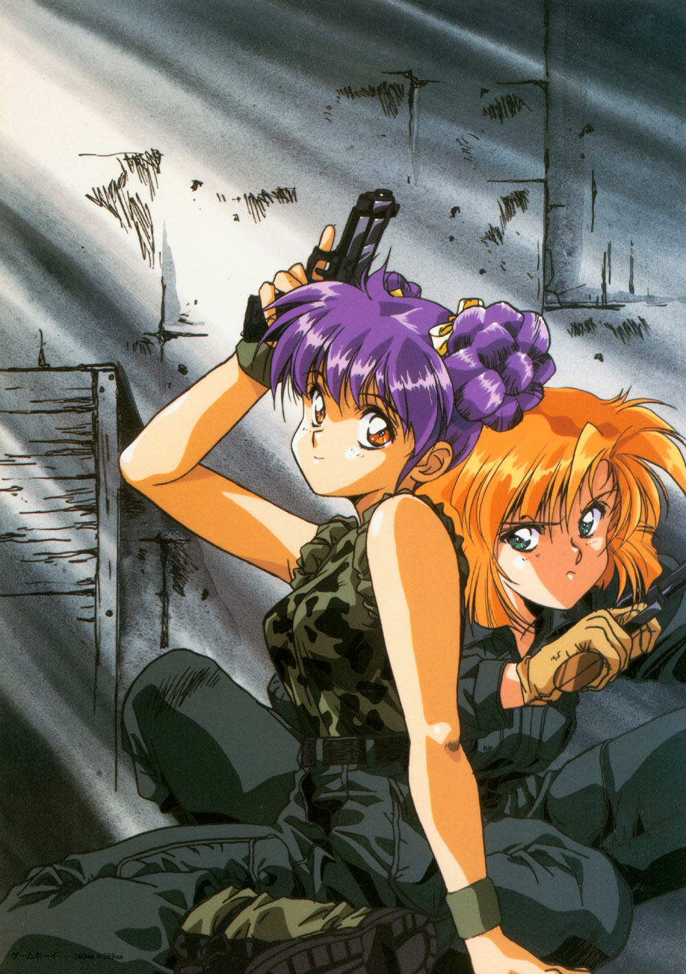 aqua_eyes arm_up boots camouflage double_bun gloves gun handgun highres holding holding_gun holding_weapon long_sleeves looking_at_viewer military military_uniform multiple_girls orange_hair original purple_hair red_eyes serious short_hair sitting sleeves_rolled_up smile squatting uniform urushihara_satoshi weapon wristband