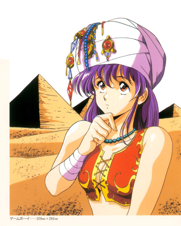 bandages bead_necklace beads breasts cleavage desert egypt gem hand_on_own_chin jewelry long_hair medium_breasts necklace original outdoors pyramid red_eyes sand solo thinking turban upper_body urushihara_satoshi