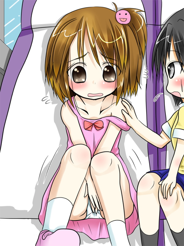 2girls artist_request bare_shoulders between_legs black_hair black_socks blue_shorts blush bow brown_eyes brown_hair bus character_request collarbone dress eyebrows_visible_through_hair hair_ornament hand_between_legs hand_on_another's_shoulder hand_up hands_together have_to_pee loli looking_down matching_hair/eyes multiple_girls open_mouth panties pantyshot pantyshot_(sitting) pink_dress pink_shoes ponytail red_bow shirt shoes short_hair short_sleeves shorts side_ponytail sitting sleeveless sleeveless_dress socks strap_slip sweat tied_hair trembling upskirt white_panties white_socks window yellow_shirt