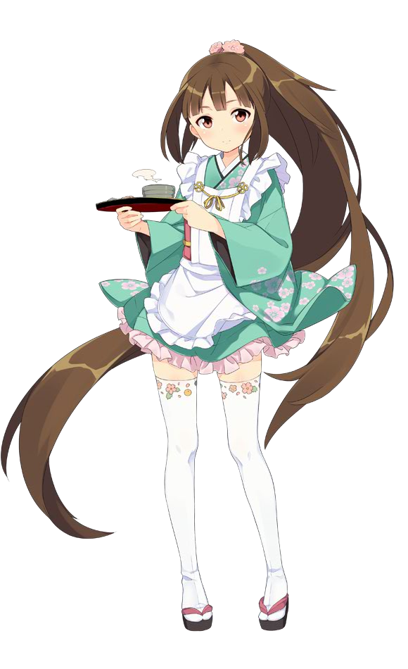 absurdly_long_hair apron brown_hair cherry_blossom_print cup floral_print full_body hair_ornament long_hair maid_apron official_art orange_eyes oshiro_project oshiro_project_re ponytail sama solo tea teacup transparent_background very_long_hair yoita_(oshiro_project)