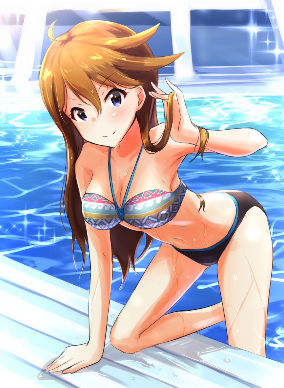 bikini blue_eyes blush breasts brown_hair cleavage closed_mouth eyebrows_visible_through_hair hand_in_hair highres idolmaster idolmaster_million_live! idolmaster_million_live!_theater_days long_hair looking_at_viewer medium_breasts navel pool smile solo swimsuit tokoro_megumi wattsu wet