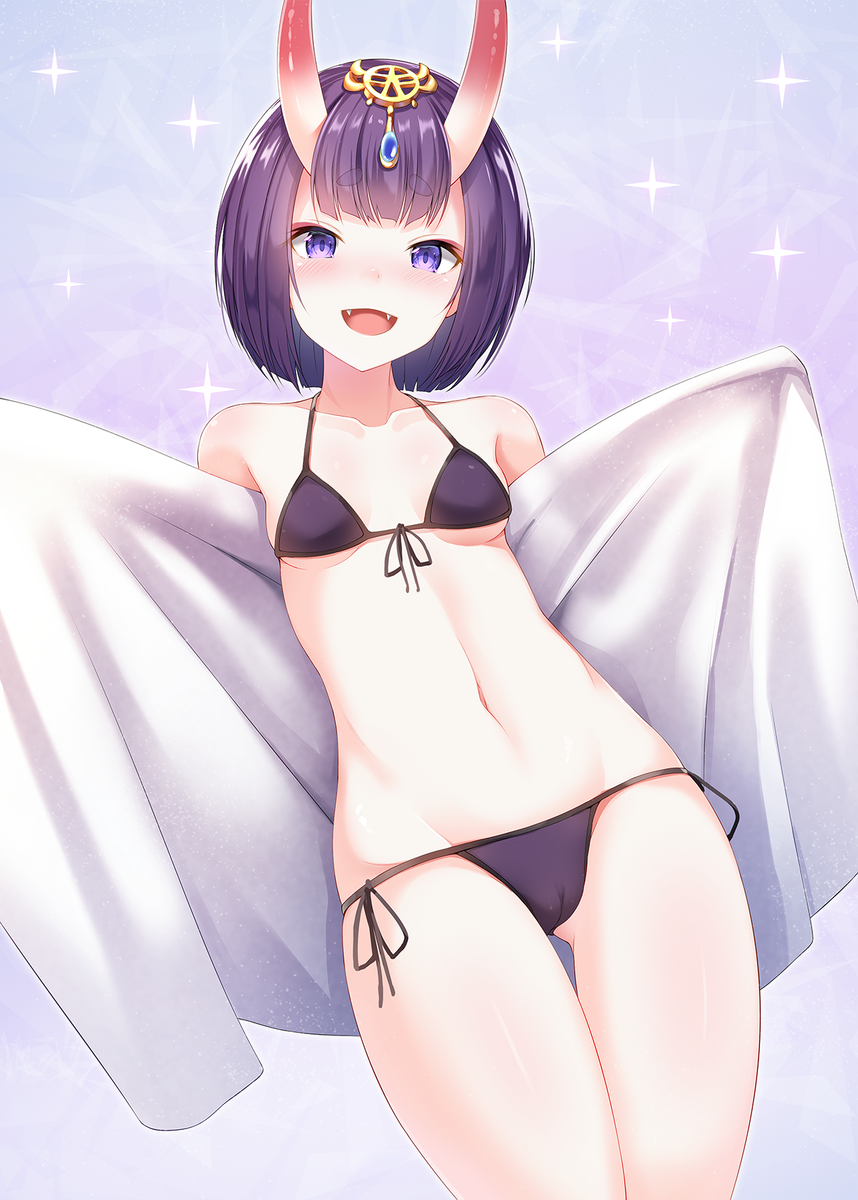 bangs bikini breasts cameltoe commentary_request eyebrows_visible_through_hair fangs fate_(series) forehead_jewel front-tie_bikini front-tie_top halter_top halterneck highres horns looking_at_viewer oni purple_bikini purple_eyes purple_hair short_hair shuten_douji_(fate/grand_order) side-tie_bikini small_breasts smile solo sparkle standing string_bikini sunsuke swimsuit thick_eyebrows thigh_gap towel white_towel