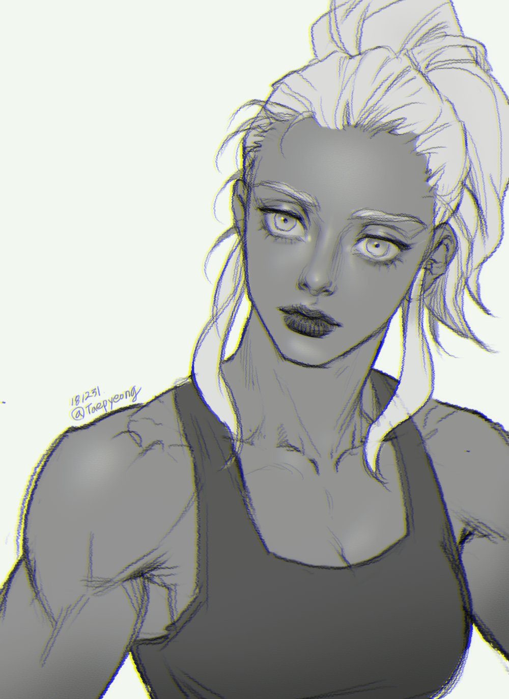 1girl bare_arms biceps dark_skin eyebrows eyelashes gyeoggi_3_ban highres lineart lips lipstick makeup maria_dacascos mixed_martial_arts muscle muscular_female open_eyes ponytail shoulders signature solo sports_bra taepyeong twitter_username