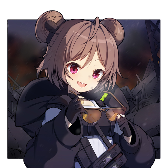 1girl :d bangs black_gloves black_jacket blush braid brown-framed_eyewear brown_hair cleaning_glasses commentary double_bun eyebrows_visible_through_hair girls_frontline gloves hair_between_eyes head_tilt holding holding_eyewear hood hood_down hooded_jacket jacket long_sleeves open_mouth p90_(girls_frontline) partly_fingerless_gloves puffy_long_sleeves puffy_sleeves purple_eyes round_teeth side_braid smile solo sunglasses teeth tp_(kido_94) upper_body upper_teeth