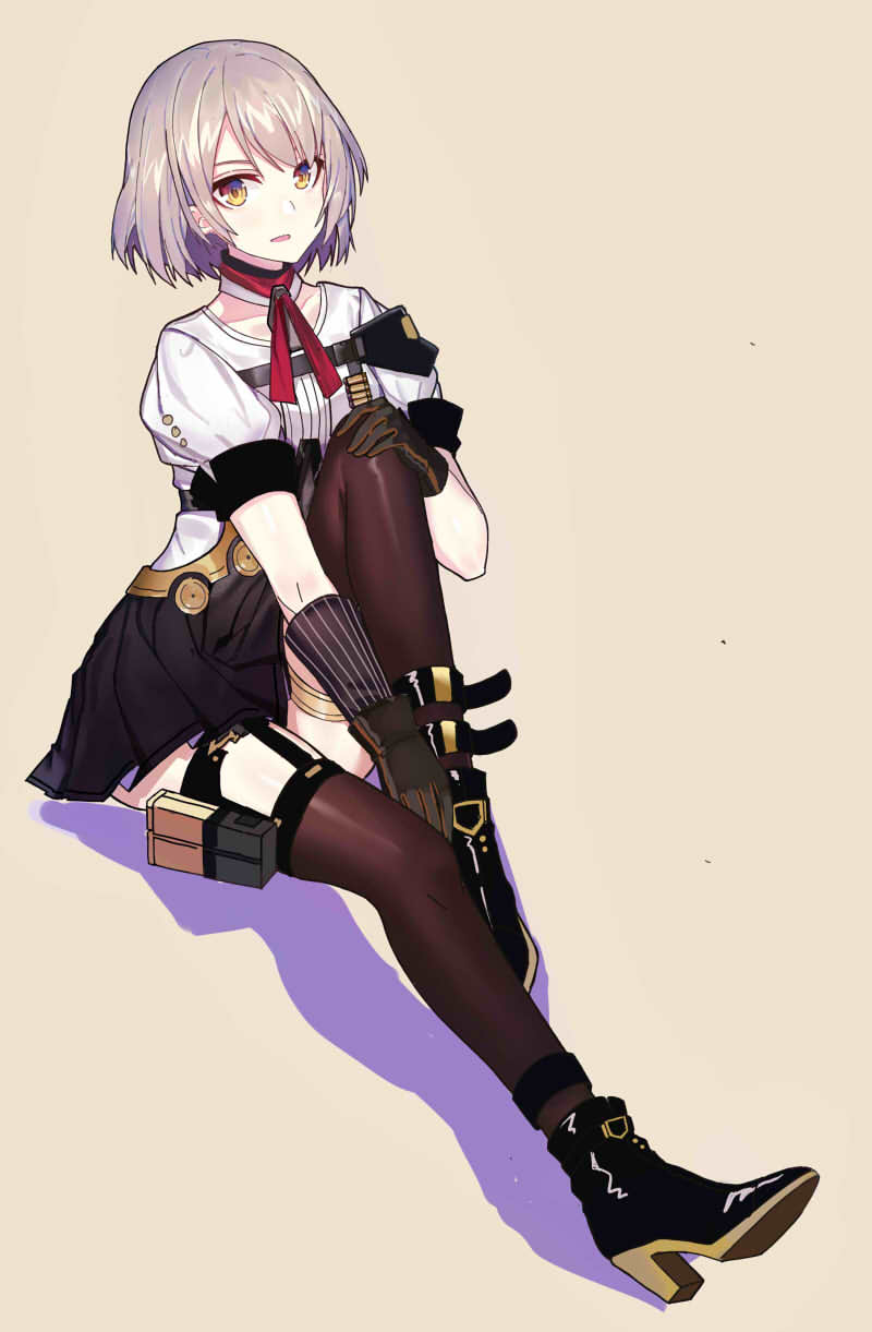 black_gloves black_legwear echj girls_frontline gloves highres looking_at_viewer parted_lips puffy_short_sleeves puffy_sleeves short_hair short_sleeves silver_hair smile solo thighhighs vector_(girls_frontline) yellow_eyes