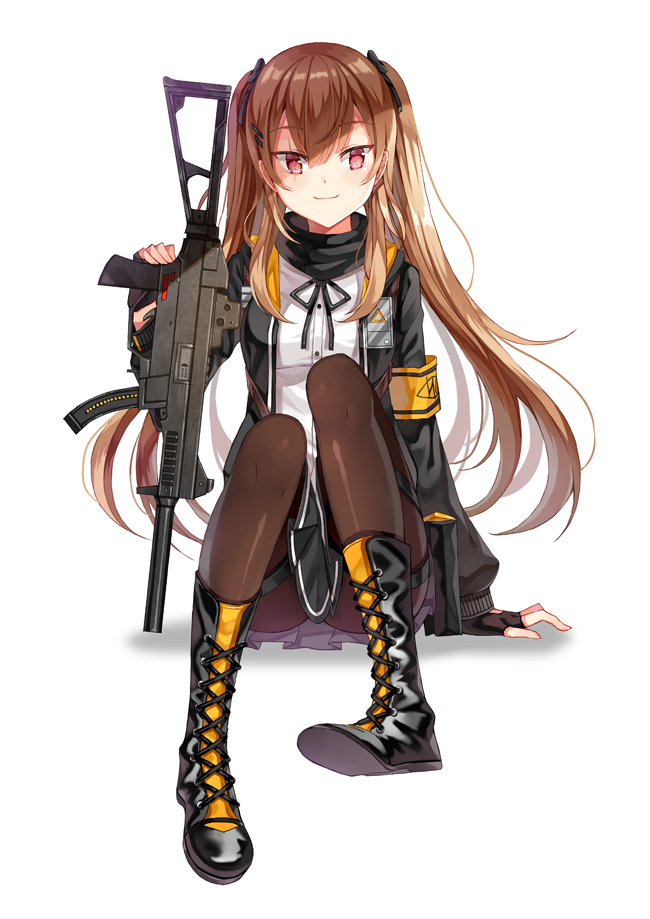 bandana bangs black_footwear black_gloves black_legwear blush boots brown_hair closed_mouth commentary cross-laced_footwear diten eyebrows_visible_through_hair fingerless_gloves girls_frontline gloves gun h&amp;k_ump heckler_&amp;_koch holding holding_gun holding_weapon jacket lace-up_boots long_hair looking_at_viewer open_clothes open_jacket pantyhose pink_eyes scar scar_across_eye sidelocks simple_background sitting smile solo submachine_gun twintails ump9_(girls_frontline) very_long_hair weapon white_background