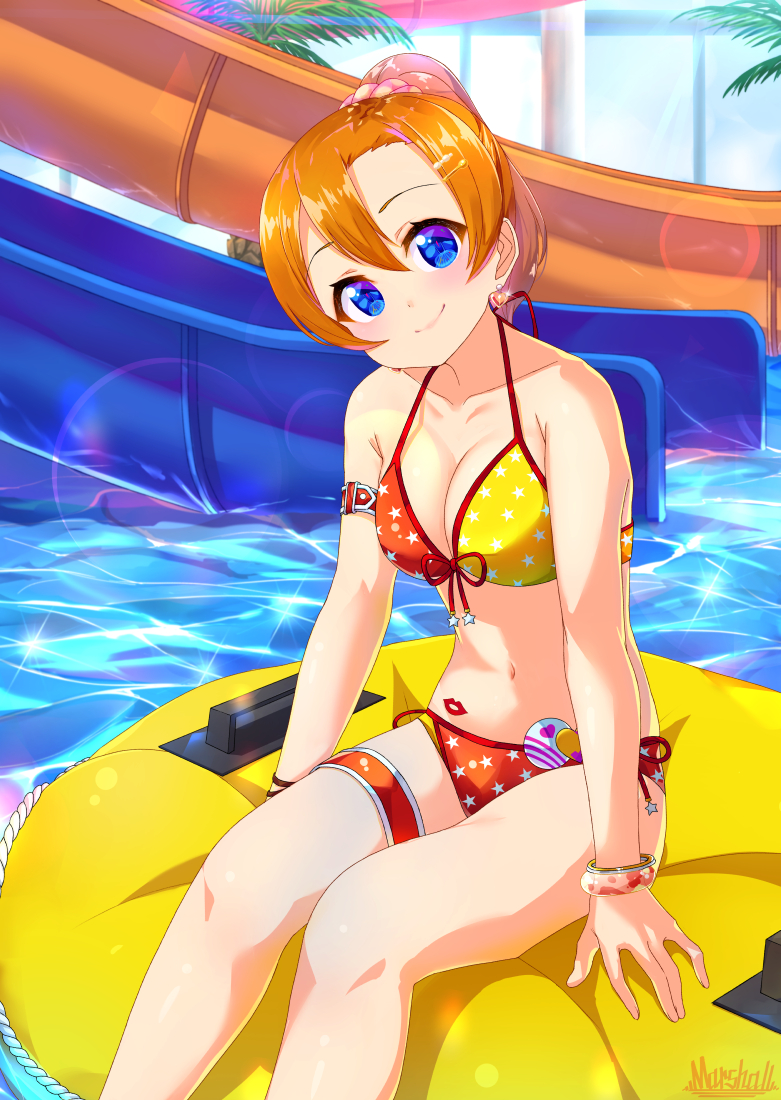 \||/ alternate_hairstyle arm_belt artist_name bikini blue_eyes blush bracelet breasts cleavage closed_mouth collarbone earrings eyebrows_visible_through_hair front-tie_bikini front-tie_top hair_between_eyes hair_ornament hairpin halterneck head_tilt inflatable_raft innertube jewelry kousaka_honoka large_breasts lipstick_mark long_hair looking_at_viewer love_live! love_live!_school_idol_festival love_live!_school_idol_project marshall_(wahooo) mismatched_bikini multicolored_bikini_top navel orange_bikini_bottom orange_hair palm_tree ponytail side-tie_bikini sitting slide smile solo sparkle star star_print swimsuit thigh_strap tree water water_slide