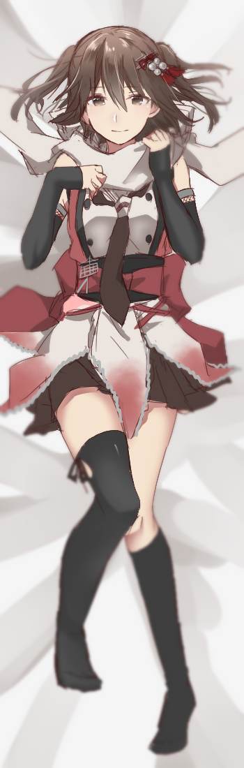 black_eyes black_hair black_legwear black_neckwear buttons closed_mouth commentary dakimakura elbow_gloves eyebrows_visible_through_hair fingerless_gloves full_body gloves hair_between_eyes hair_ornament kantai_collection kneehighs long_hair looking_at_viewer lying neckerchief no_shoes on_back pleated_skirt remodel_(kantai_collection) rinto_(rint_rnt) scarf school_uniform sendai_(kantai_collection) serafuku skirt sleeveless solo two_side_up white_scarf