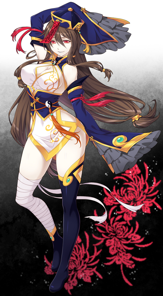 bandages bare_shoulders bibyo breasts brown_hair chinese_clothes cleavage covered_navel detached_sleeves frills hat jiangshi jiangshi_yui large_breasts long_hair long_sleeves looking_at_viewer mismatched_footwear red_eyes ring_dream smile solo very_long_hair wrestling_outfit yin_yang