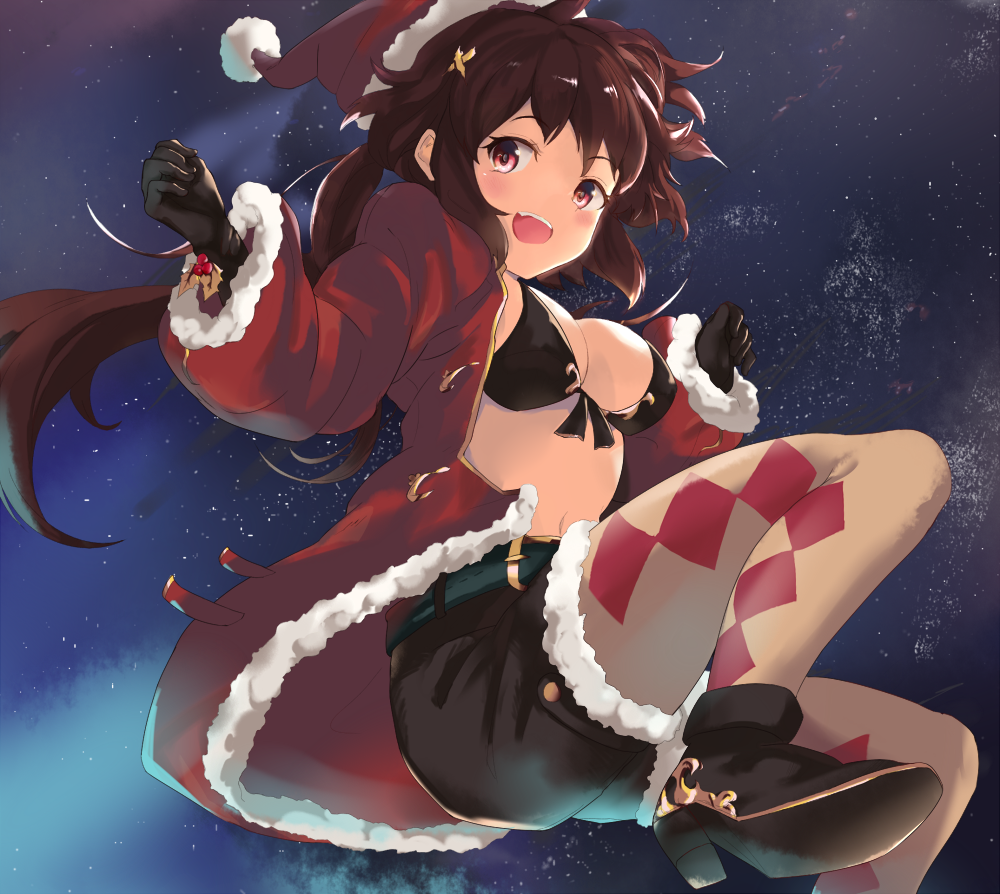 argyle argyle_legwear belt black_gloves blush breasts brown_hair cang_you_xi christmas cleavage gloves hair_ornament hairclip hat high_heels holly large_breasts long_hair navel original pantyhose red_eyes red_hat santa_costume santa_hat smile solo twintails