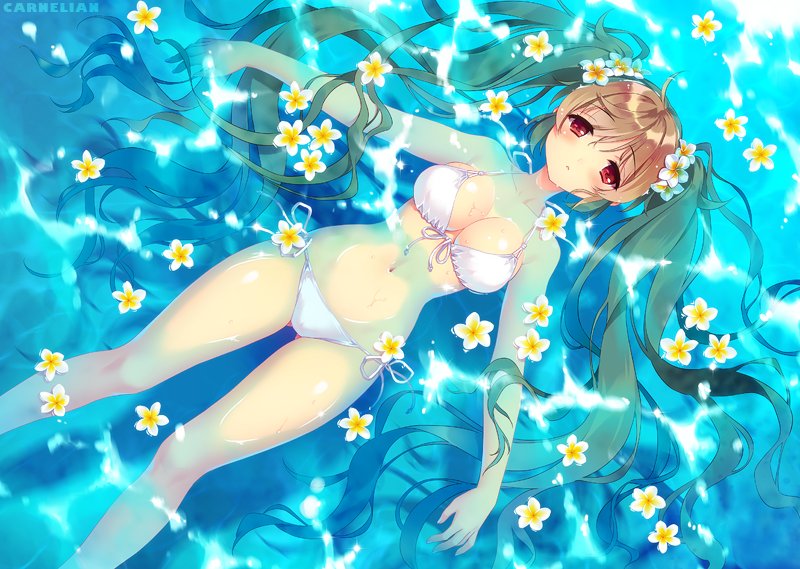 ass_visible_through_thighs bikini blush breasts brown_hair carnelian cleavage eyebrows_visible_through_hair flower from_above front-tie_bikini front-tie_top hair_flower hair_ornament kantai_collection long_hair looking_at_viewer lying medium_breasts murasame_(kantai_collection) navel on_back outdoors outstretched_arms parted_lips partially_submerged plumeria red_eyes side-tie_bikini solo swimsuit twintails very_long_hair water wet