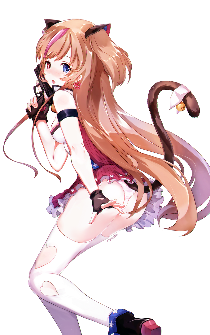 ass bangs bell bell_collar black_gloves blue_eyes blush boots breasts brown_hair cat_tail collar commentary_request dress dyolf eyebrows_visible_through_hair fingerless_gloves frills girls_frontline gloves gun hand_up handgun heart_cutout heckler_&amp;_koch heterochromia hk_mark_23 holding holding_gun holding_weapon jingle_bell long_hair looking_at_viewer looking_back mk_23_(girls_frontline) multicolored_hair open_mouth pink_hair pistol purple_dress red_eyes short_dress small_breasts solo streaked_hair swept_bangs tail tail_bell thighhighs thighs trigger_discipline two_side_up very_long_hair weapon